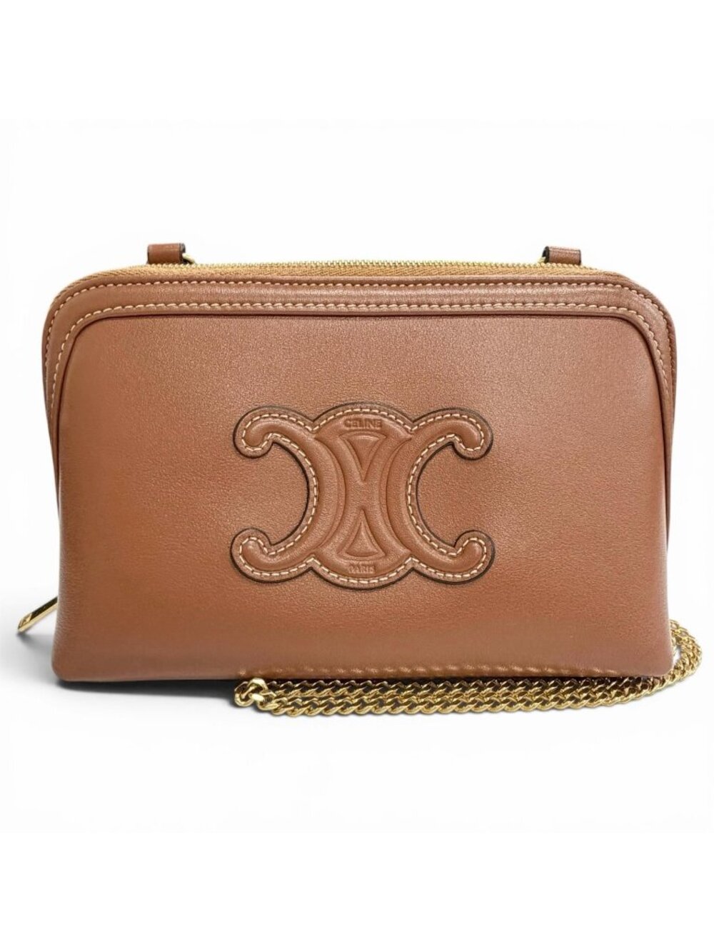 Celine Smooth Calfskin Cuill Triomphe Chain Clutch Shoulder Bag Tan Brown